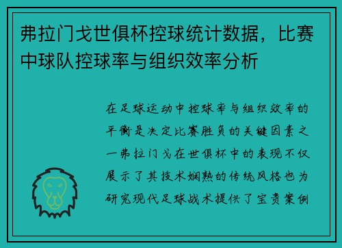 弗拉门戈世俱杯控球统计数据，比赛中球队控球率与组织效率分析
