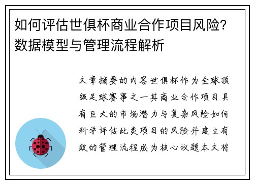 如何评估世俱杯商业合作项目风险？数据模型与管理流程解析