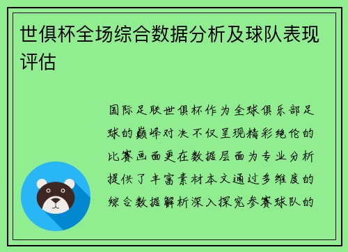 世俱杯全场综合数据分析及球队表现评估
